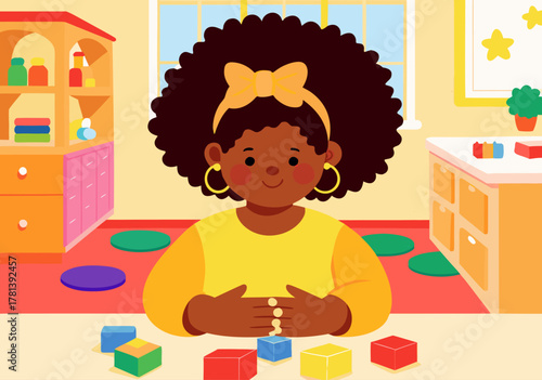 Young Girl Engaged in Creative Play with Colorful Building Blocks at Home