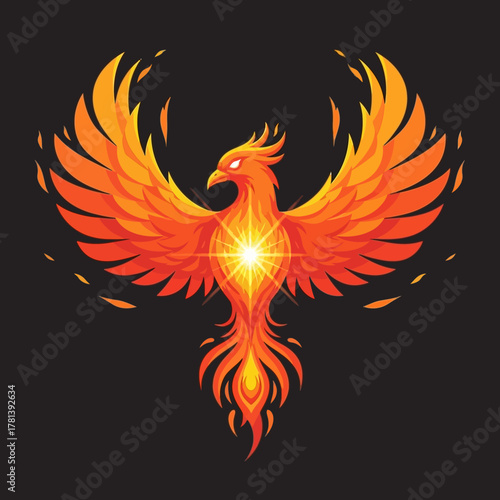Majestic Phoenix Bird with Fiery Wings and Glowing Chest on Dark Background.