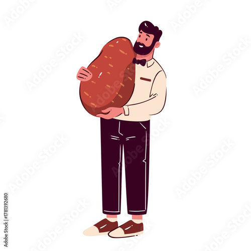 Cartoon seller holding huge potato, funny concept of fresh organic vegetables and market design. Simple flat mascot for grocery store, farm product and healthy lifestyle, vector illustration.