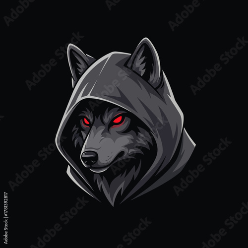Mysterious Black Wolf with Glowing Red Eyes in a Dark Hood.