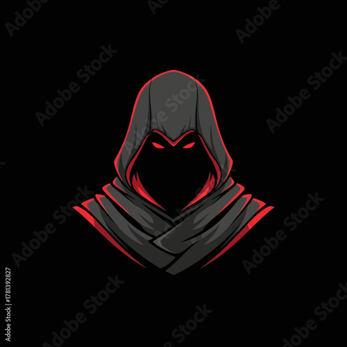 Mysterious Hooded Figure with Glowing Red Eyes on a Dark Background.