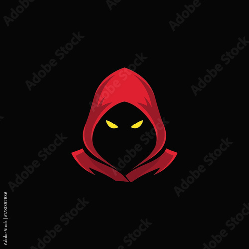 Mysterious Red Hooded Figure with Glowing Eyes on Black Background.