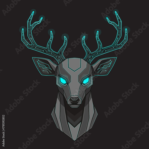 Mystical Cybernetic Deer Head with Glowing Antlers and Eyes.