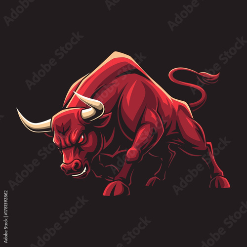 Powerful Red Bull Illustration with Aggressive Stance.