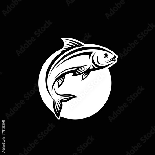 Stylized Fish Illustration in a White Circle on a Black Background.