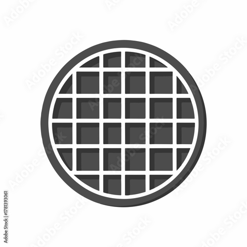 Circular waffle icon design with grid pattern for breakfast menus. Waffle is depicted in a round shape, showcasing unique grid layout ideal for food design concepts.