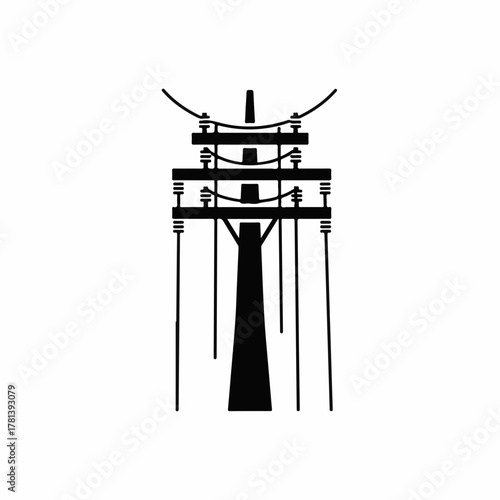 Electric utility pole silhouette with power lines showcases urban infrastructure. Electric utility pole includes multiple lines and crossarms, creating essential urban communication networks.