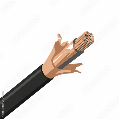 Electric cable with exposed copper wires and damaged insulation for urban communication systems. Electric cable shows essential structure with exposed elements and insulation layers.