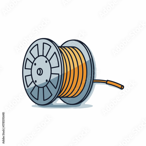 Cable spool with orange wire detail and metallic finish showcasing urban communication tools. Cable spool represents essential component of modern technology and infrastructure in city.