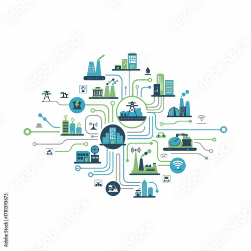 Urban communication systems illustrated with industrial icons and technology elements, showcasing interconnected factories and data lines.
