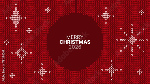 Red knitted Christmas background with snowflake pattern and a central space for Merry Christmas 2026 text. Festive winter holiday design concept.
