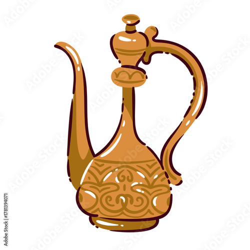 Traditional Turkish coffee pot with oriental patterns and elegant curved spout, drawn in warm golden tones and decorative style, reflecting Turkish culture and heritage, vector illustration.