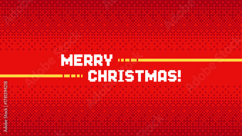 Merry Christmas pixel art greeting card. Red background with white pixelated text. Retro game style design for holiday.