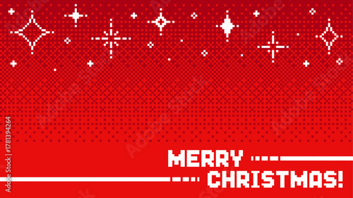 Red pixel art background with falling ornate white snow or stars and Merry Christmas text for holiday greeting card design.