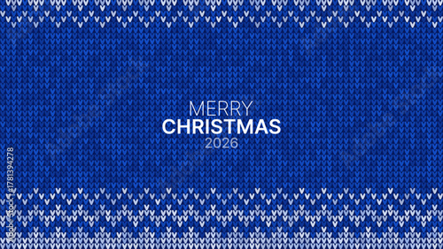 Blue knitted Christmas 2026 sweater with snowflake pattern for cozy winter holiday greeting card backdrop design