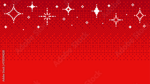 Red pixel background with stars for Christmas and New Year celebration. Holiday poster for social media, greeting card, invitation design.