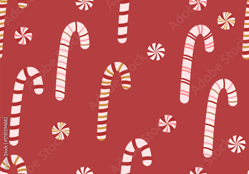 Christmas Candy Cane Red Doodle Seamless Pattern. Christmas candy lollipop seamless pattern. New Year pattern