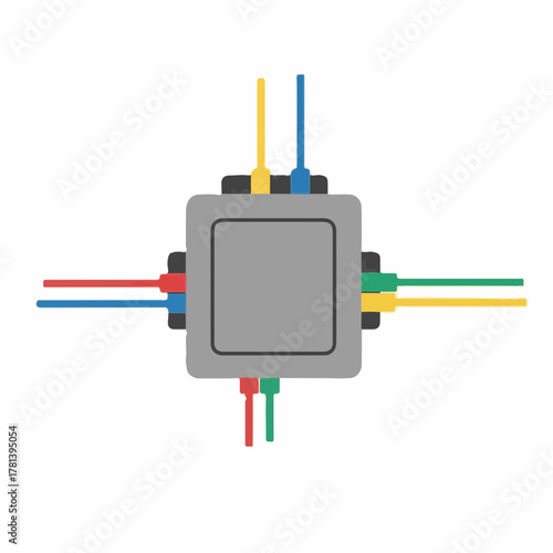 City communication system with cable junction box featuring multiple colored wires for connectivity and installation. City communication infrastructure includes organized wiring,