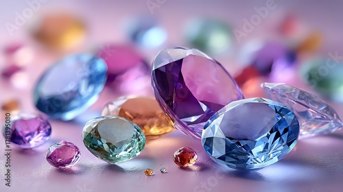 Colorful gemstones and diamonds in various sizes and cuts scattered on soft pink surface with gentle lighting highlighting their facets and brilliance.