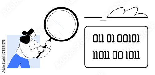 Woman examining binary data with a magnifying glass, representing digital research, data analysis, cybersecurity, coding, technology, innovation, and problem-solving. Ideal for simple flat metaphor