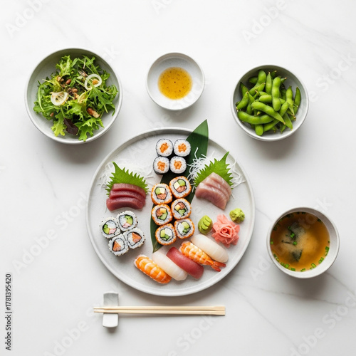 Complete Japanese Sushi Set with Salmon and Tuna Sashimi and Side Dishes