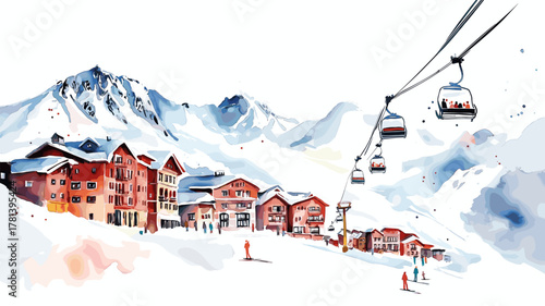 Andes Ski Resort. Andes Ski Resort hand drawn watercolor illustration