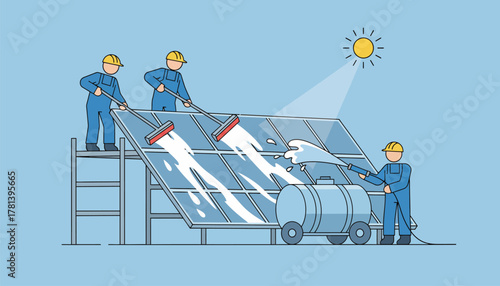 A maintenance crew cleaning solar panels using water and squeegees to ensure maximum light absorption.