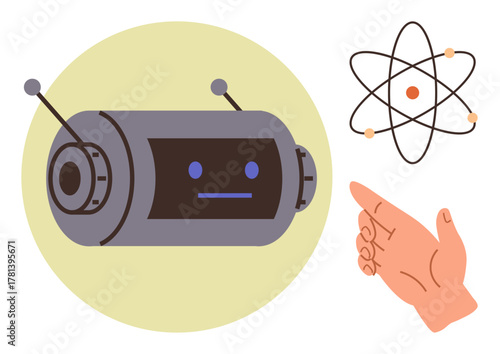 Cartoon robot with antennas, atom model with orbiting electrons, and hand making gesture. Ideal for automation, AI, robotics, education, innovation STEM learning future concepts. Simple flat