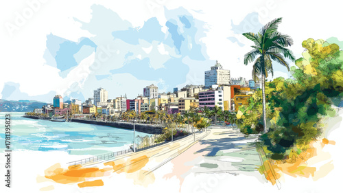 Guayaquil Malecon 2002. Guayaquil Malecon 2002 hand drawn watercolor illustration