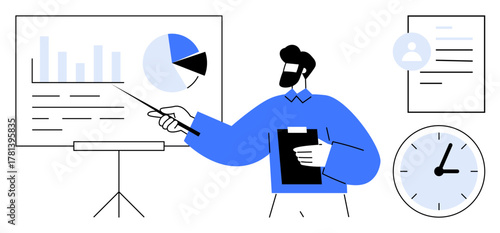 Man presenting data using a chart on a board, holding a clipboard. Clock, report, and bar and pie charts included. Ideal for business, analysis, training, leadership planning statistics education