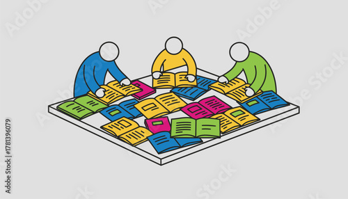 A colorful array of karaoke songbooks spread out on a table with people flipping through them eagerly choosing their next song.