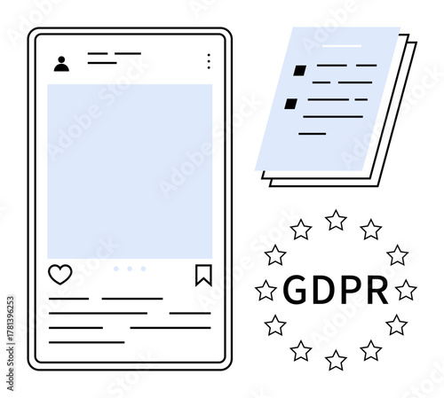 Social media interface, document, and GDPR surrounded by stars. Ideal for data protection, compliance, privacy rights, digital security, legal frameworks, online safety simple flat metaphor