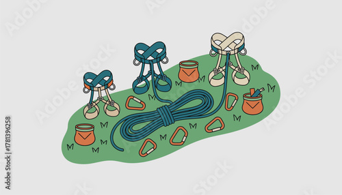 A set of colorful climbing gear sprawled out on a grassy hillside showcasing ropes carabiners harnesses and chalk bags prepared for an ascent.