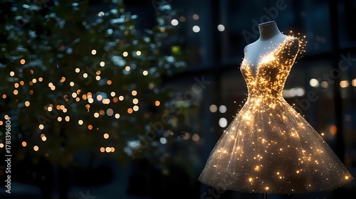 Elegant illuminated dress on mannequin with sparkling fairy lights against dark background, creating magical fashion display for evening events.