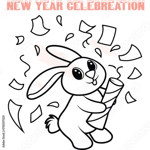 Cute cartoon bunny holding party popper with confetti streamers rabbit celebration