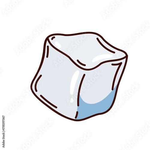Single ice cube in groovy cartoon style with smooth blue shading. Cool refreshing element for summer drinks, cocktail menus, or beverage design, vector illustration.