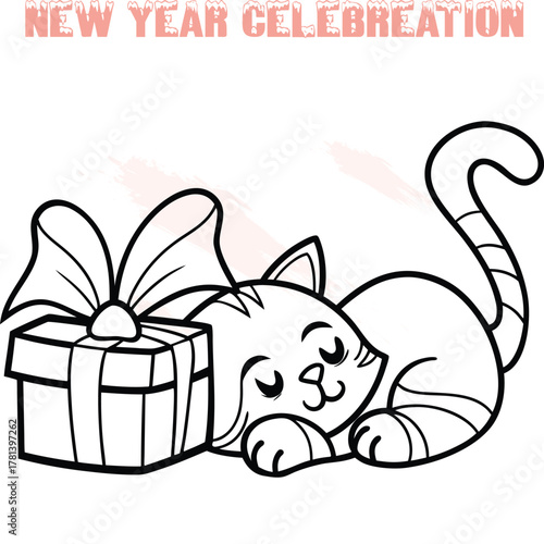 Cute cartoon cat sleeping with gift box New Year celebration text kitten animal