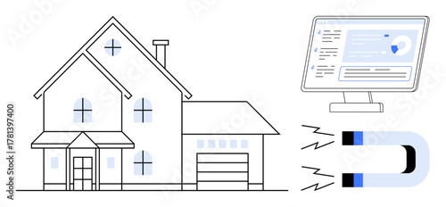 Modern house exterior, computer screen displaying analytics, magnetic attraction for technology and data flow. Ideal for real estate, smart home, technology integration, home automation, data