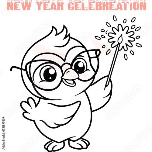 Cute cartoon chick wearing glasses holding sparkler with fireworks character celebration