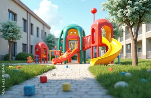 Wallpaper Mural Modern kindergarten school exterior with colorful playground slide structures and green grass lawn. Bright sunny day with blue sky and white clouds. Torontodigital.ca