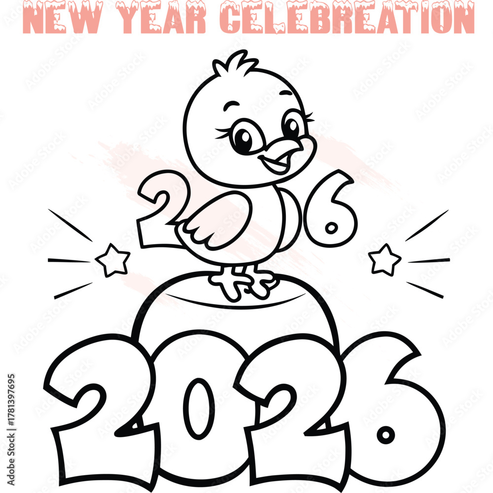 Fototapeta premium Cute cartoon chick sitting numbers 2026 2023 for New Year celebration bird animal