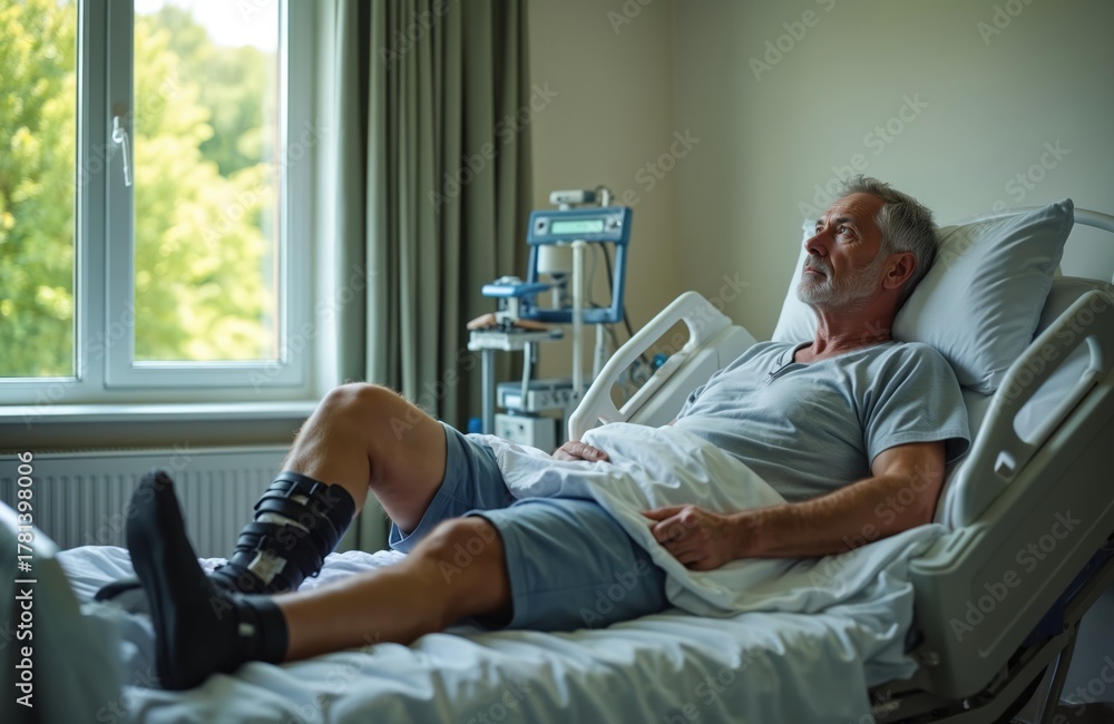 Obraz premium Elderly man rests in hospital bed with leg brace after accident. He looks out window contemplating recovery and future. Medical equipment is nearby, outside trees visible.