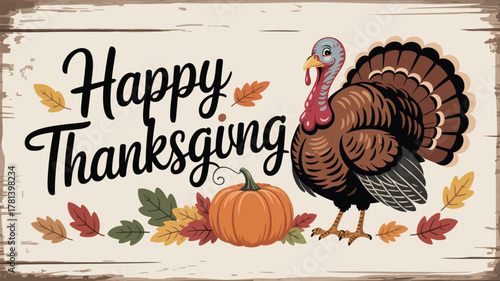 Happy thanksgiving greeting with a turkey pumpkin and autumn leaves on a rustic wooden background