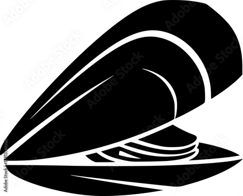 Isolated monochrome illustration of a mussel shell silhouette

