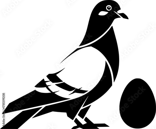 Illustration of a pigeon standing next to an egg silhouette

