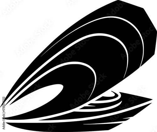 Isolated monochrome illustration of a mussel shell silhouette
