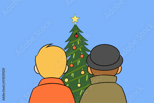 Couple Admiring Decorated Christmas Tree Outdoors on Bright Winter Day