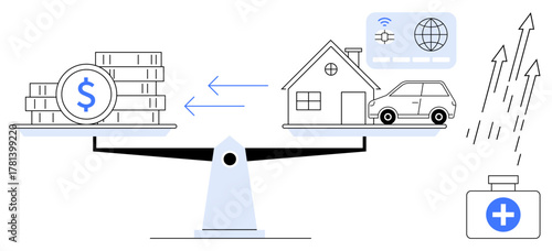 Scales balance money and assets, including house, car, and digital connection icons. Ideal for financial planning, investment, saving, economy, budgeting wealth management and simple flat metaphor