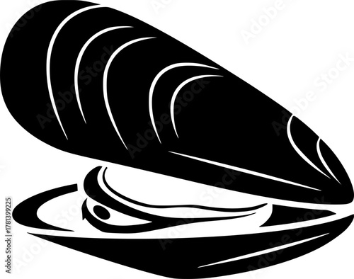 Isolated monochrome illustration of a mussel shell silhouette
