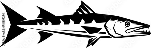 Illustration of a barracuda fish in black and white silhouette
